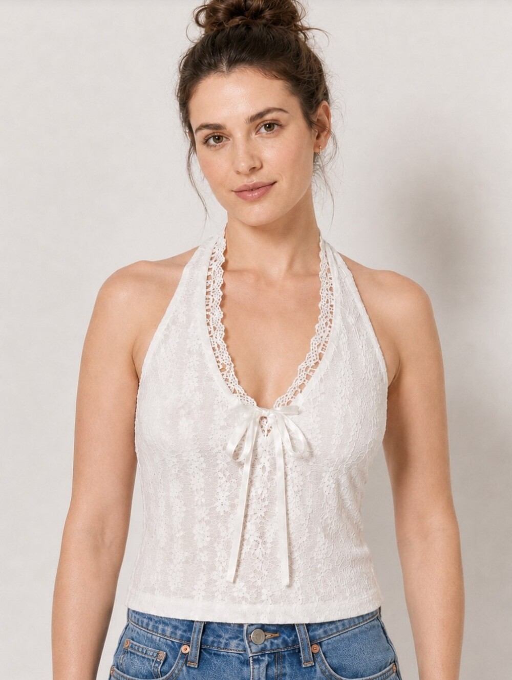 Wild Fable Game Day White Lace Halter Top With Satin Bow